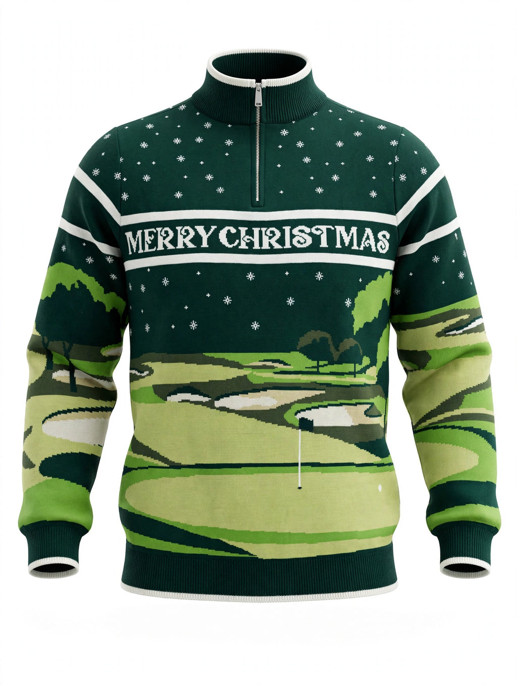 A festive Christmas quarter-zip sweater featuring a dark green top with white stars and the text 'MERRY CHRISTMAS', transitioning into a green and light green golf course landscape pattern on the sleeves and lower body.