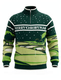 A festive Christmas quarter-zip sweater featuring a dark green top with white stars and the text 'MERRY CHRISTMAS', transitioning into a green and light green golf course landscape pattern on the sleeves and lower body.