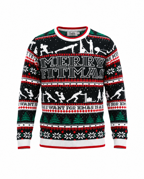 A long-sleeve crewneck Christmas sweater with a black background, featuring white silhouettes of gym goers, red and white geometric borders, and green pine trees. The text 'MERRY FITMAS' is printed across the chest in white.