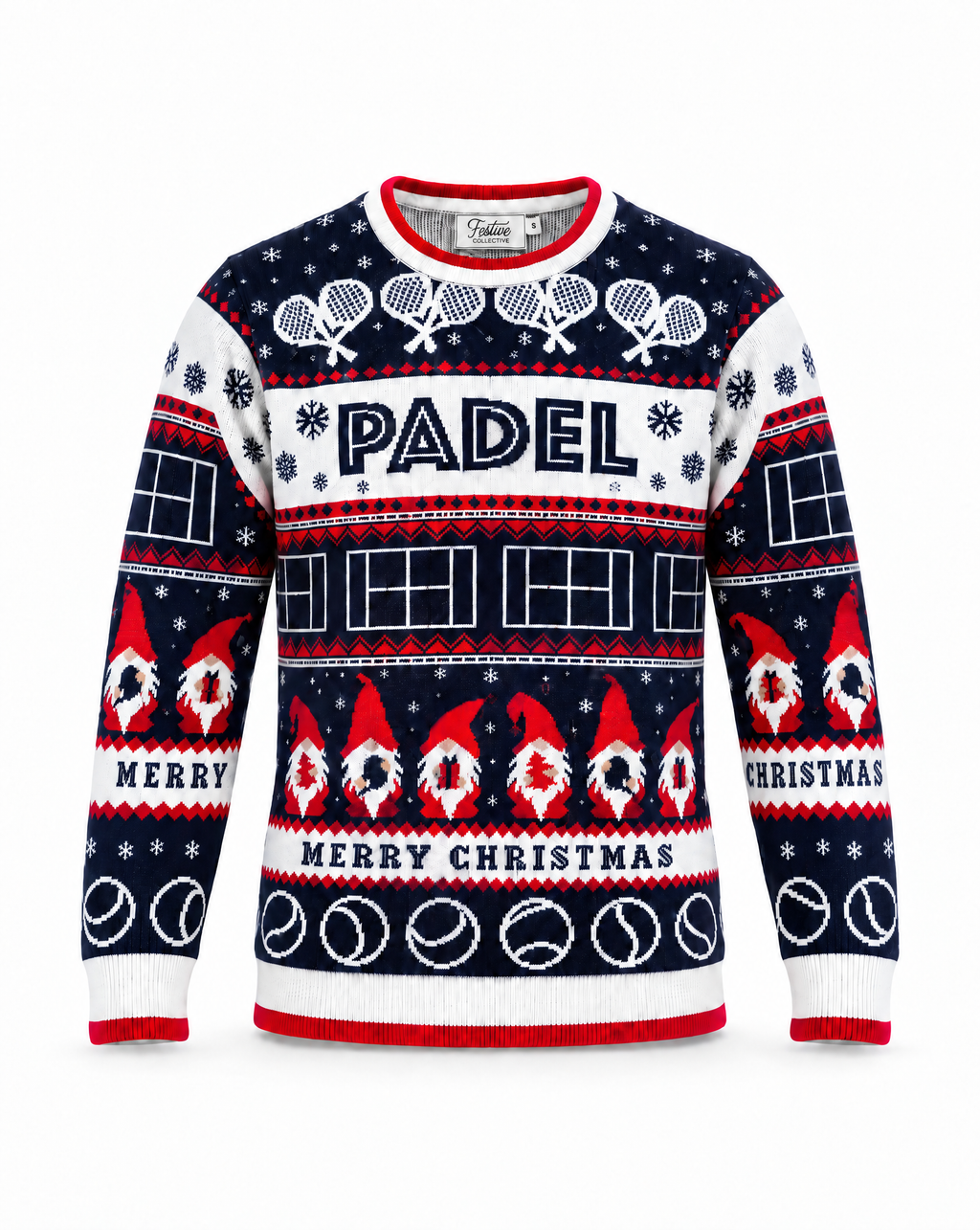 A festive crewneck sweater featuring a navy blue and white holiday pattern with red accents. The design includes tennis-themed motifs like rackets, balls, and net, the word 'PADEL' across the chest, gnomes, and 'MERRY CHRISTMAS' text.