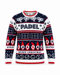 A festive crewneck sweater featuring a navy blue and white holiday pattern with red accents. The design includes tennis-themed motifs like rackets, balls, and net, the word 'PADEL' across the chest, gnomes, and 'MERRY CHRISTMAS' text.