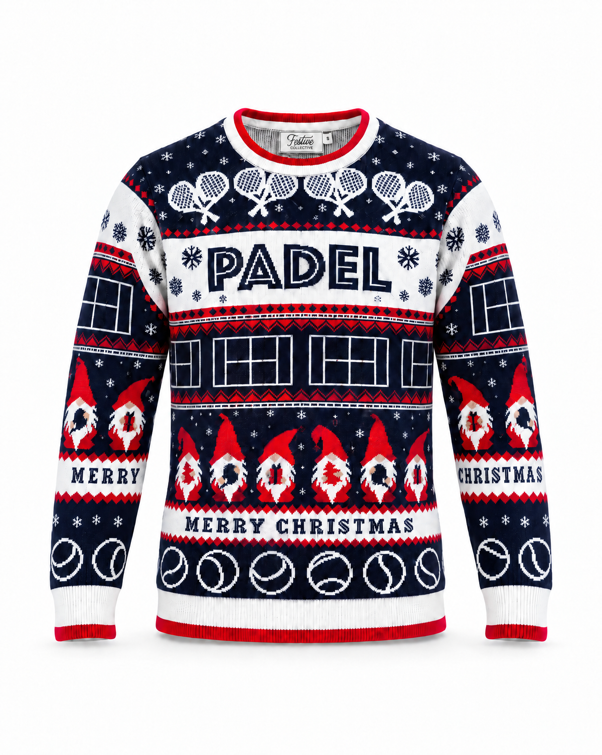 A festive crewneck sweater featuring a navy blue and white holiday pattern with red accents. The design includes tennis-themed motifs like rackets, balls, and net, the word 'PADEL' across the chest, gnomes, and 'MERRY CHRISTMAS' text.