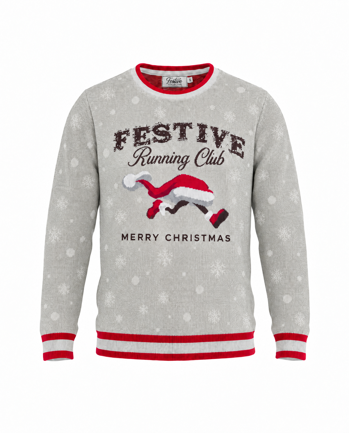 A light gray long-sleeve crewneck sweatshirt with red ribbed trim at the collar, cuffs, and hem. The front features a festive graphic with the text 'FESTIVE Running Club' and 'MERRY CHRISTMAS' surrounding an illustration of a Santa Claus running in the snow.