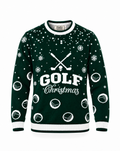 A dark green long-sleeve Christmas sweater with a white 'GOLF Christmas' graphic on the chest, featuring golf ball and club motifs, snowflakes, and striped ribbed cuffs and hem.