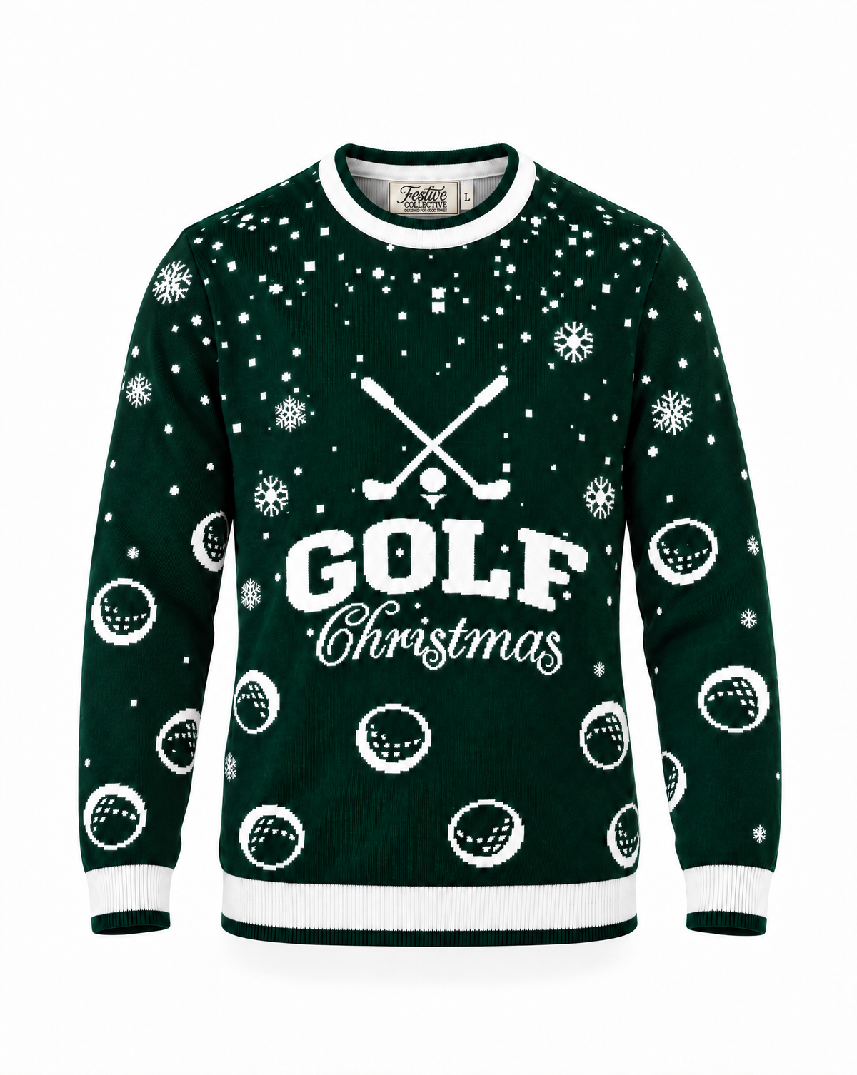 A dark green long-sleeve Christmas sweater with a white 'GOLF Christmas' graphic on the chest, featuring golf ball and club motifs, snowflakes, and striped ribbed cuffs and hem.