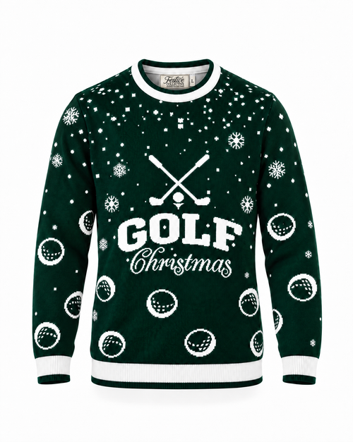 A dark green long-sleeve Christmas sweater with a white 'GOLF Christmas' graphic on the chest, featuring golf ball and club motifs, snowflakes, and striped ribbed cuffs and hem.